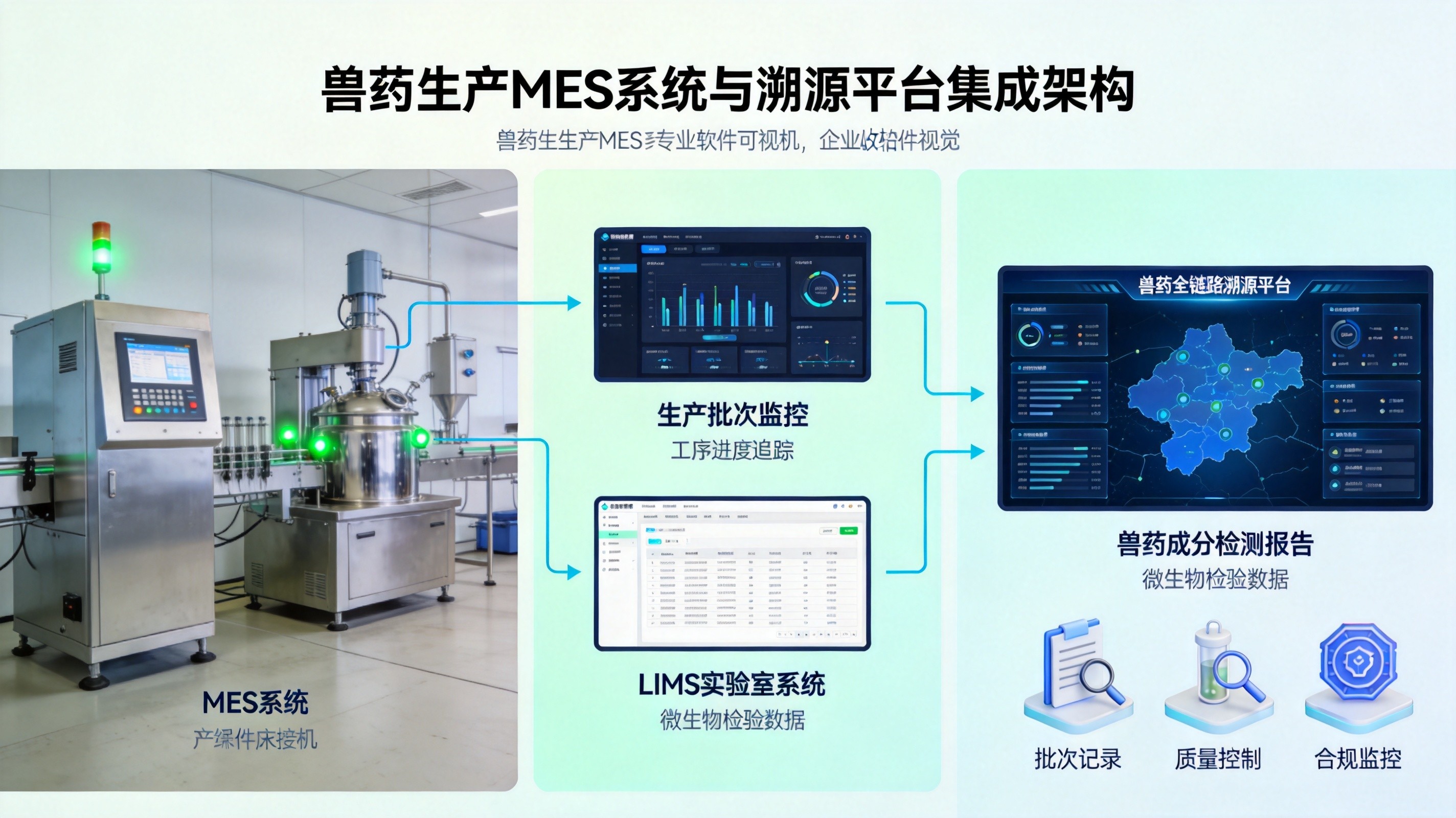 兽药MES系统与追溯平台集成架构图，展示生产过程数据完整性闭环